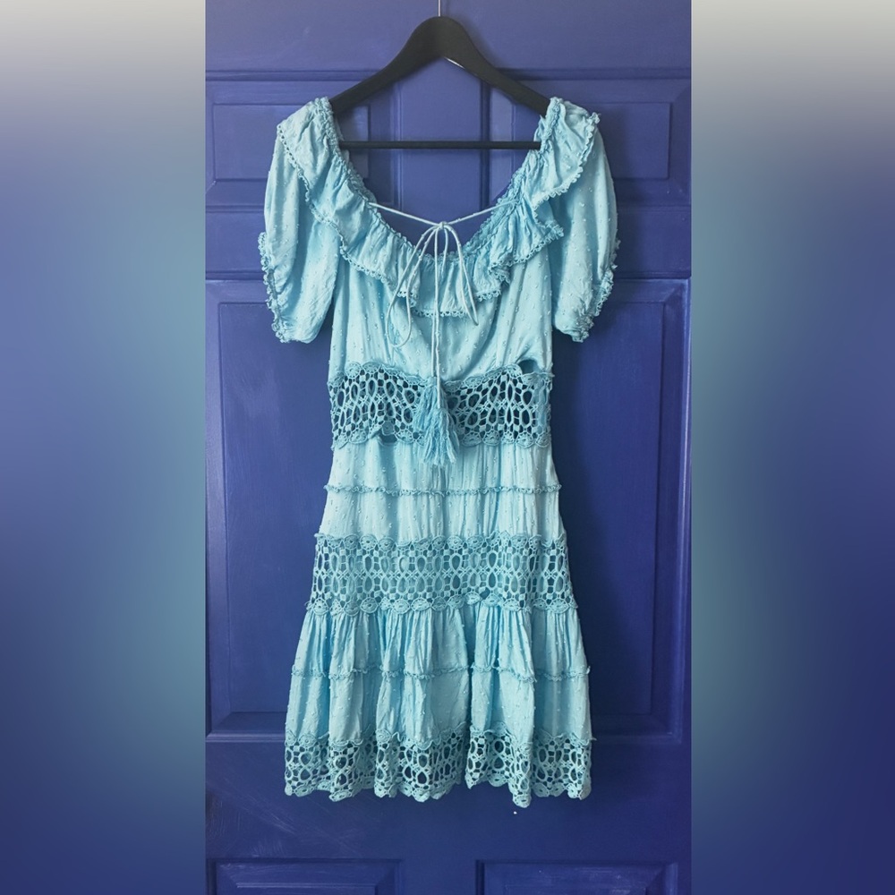 Free People Blue Off-Shoulder Dress with Crochet Details